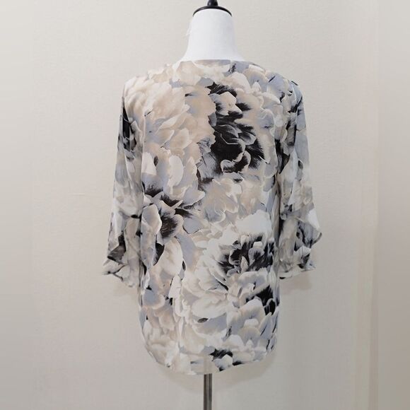 Calvin Klein Career Floral Blouse V Neck 3/4 Bell Sleeve Ivory Black Size S - Picture 3 of 8